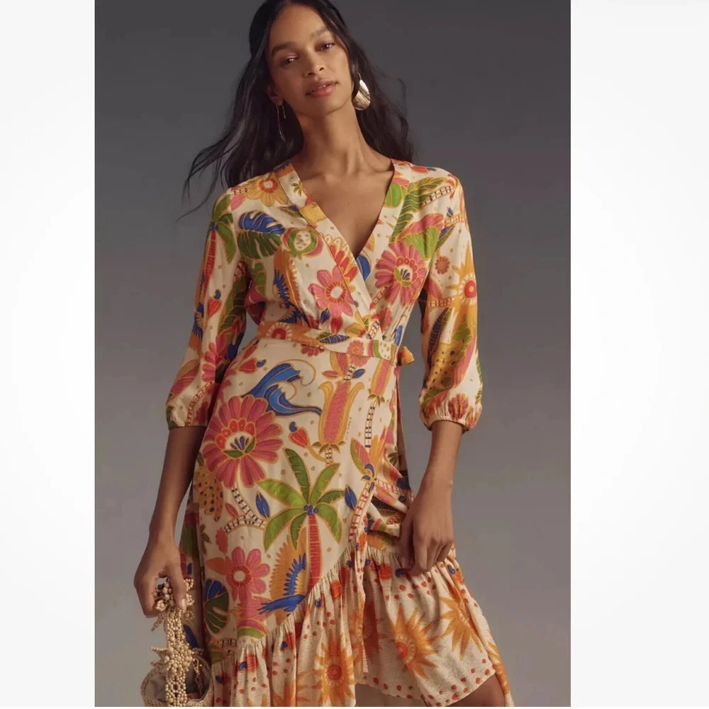 Farm Rio Long-Sleeve V-Neck Wrap Midi Dress Size S